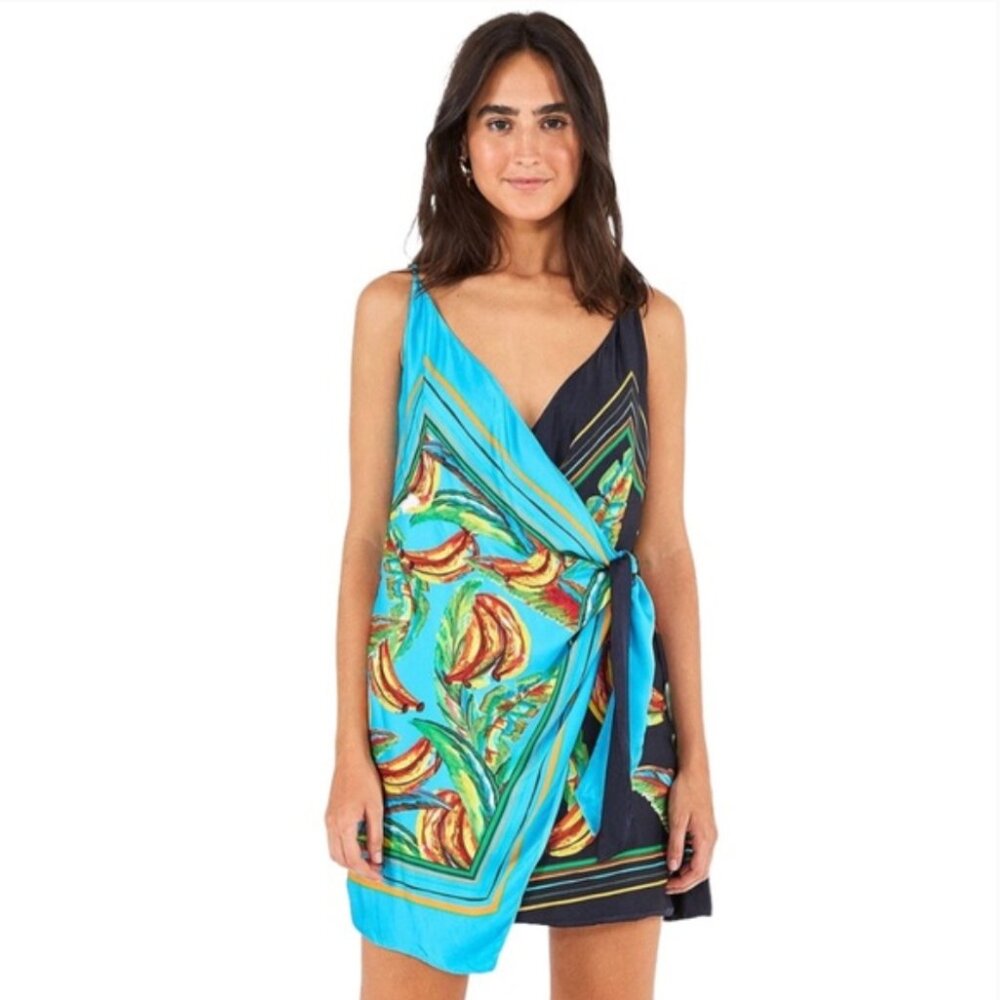 Farm Rio Womens Mini Wrap Dress Mixed Banana XS Straps Asymmetrical Hem Side Tie